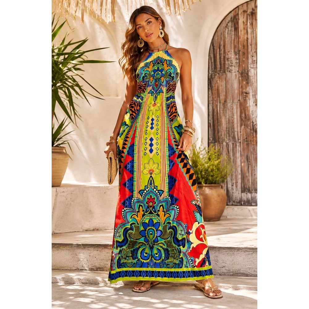 Boho Festival Halter Maxi Dress Multi Color Kaleidoscope Print Resort Beachy SzS